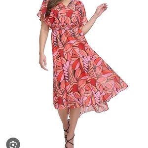 Flutter-Sleeve V-Neck Midi Dress in Coral Pink Leaf Print Dkny